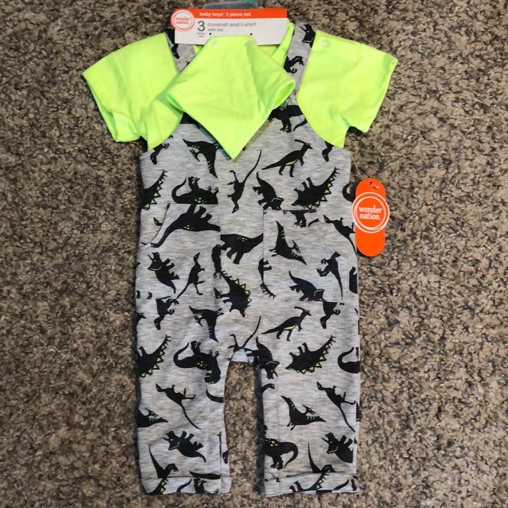 NEW Baby Boys 3pc Coverall and T-Shirt w/Bib Size 6/9M
